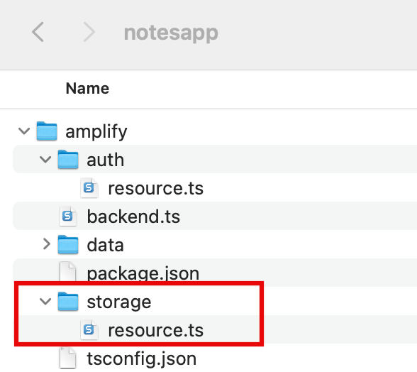 File directory structure of a "notesapp" project, with the "storage" folder and its "resource.ts" file highlighted in red.