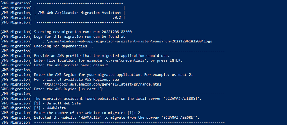 Screenshot showing the AWS Web Application Migration Assistant command line interface during the process of selecting a specific ASP.NET website to migrate, including profile and region selection and identification of available sites on the local server.
