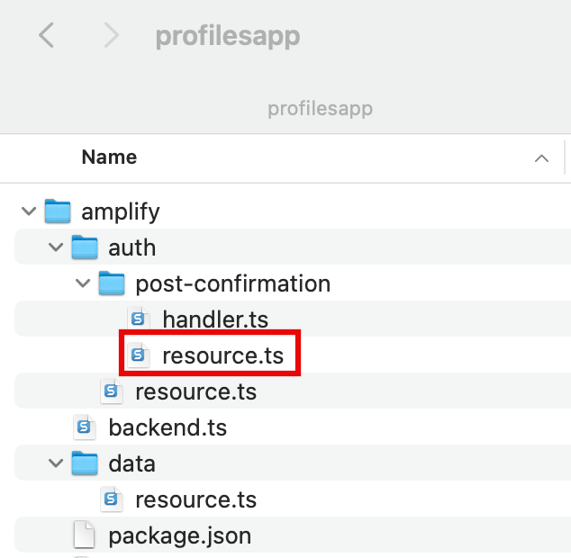 Screenshot showing the file structure for a web application project, highlighting the update to 'resource.ts' in the amplify/auth/post-confirmation directory. Used in the 'Build a Basic Web Application' tutorial.
