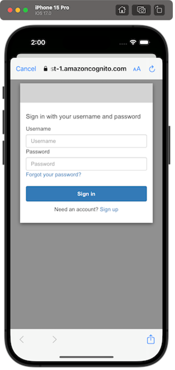 Screenshot of an iPhone displaying the Amazon Cognito hosted UI sign-in screen as seen during an AWS Amplify tutorial for building an iOS app. The screen includes fields for username and password, a sign-in button, and options to reset the password or sign up.