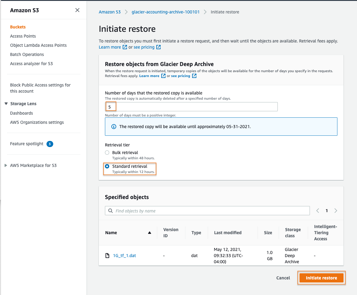 Screenshot of the Amazon S3 console showing how to configure a restore request for objects stored in Glacier Deep Archive. The interface displays options to select the number of days the restored copy is available, retrieval tier (standard or bulk), and lists specified objects with details such as name, type, storage class, and last modified date.