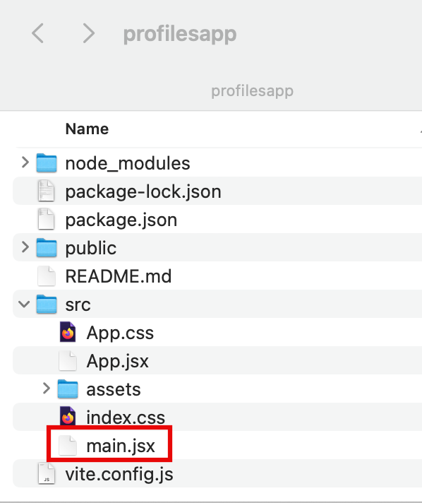 Screenshot of a project directory for 'profilesapp' showing node_modules, public, and src folders, along with files like package.json, README.md, and main.jsx. The file 'main.jsx' is highlighted, illustrating module 5 of a tutorial for building a basic web application.