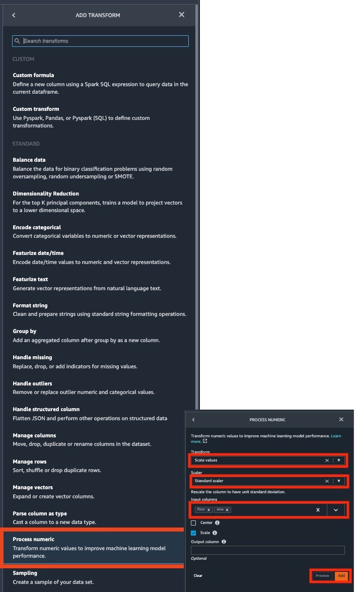 A user interface for adding data transformations, highlighting the "Process numeric" option with settings for scaling values using a standard scaler and specifying input columns "floor" and "area."