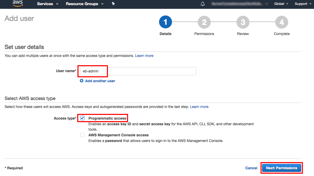 Screenshot of the AWS Management Console showing how to add a new user named 'eb-admin' with programmatic access selected. The 'Next: Permissions' button is highlighted to proceed to the next step.