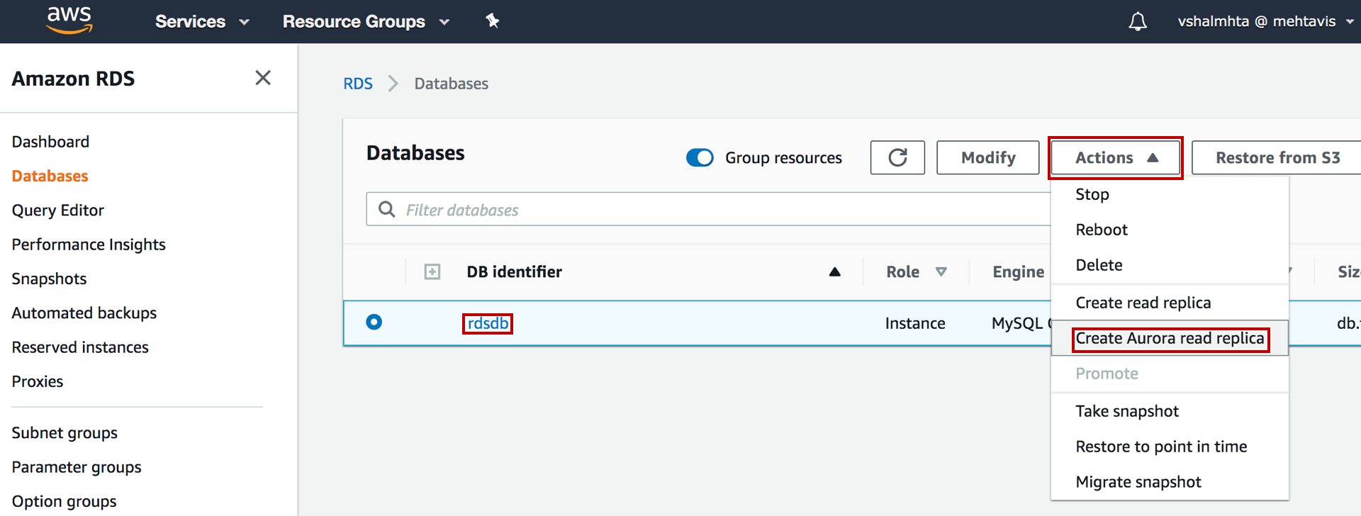 AWS RDS interface showing a database named "rdsdb" with the "Actions" dropdown menu expanded, highlighting the "Create Aurora read replica" option.