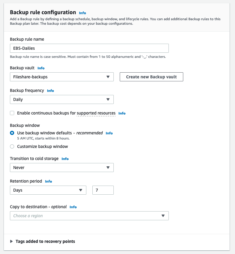 Screenshot of a backup rule configuration form in a cloud management interface, showing fields for rule name, backup vault, frequency, retention period, and other settings.