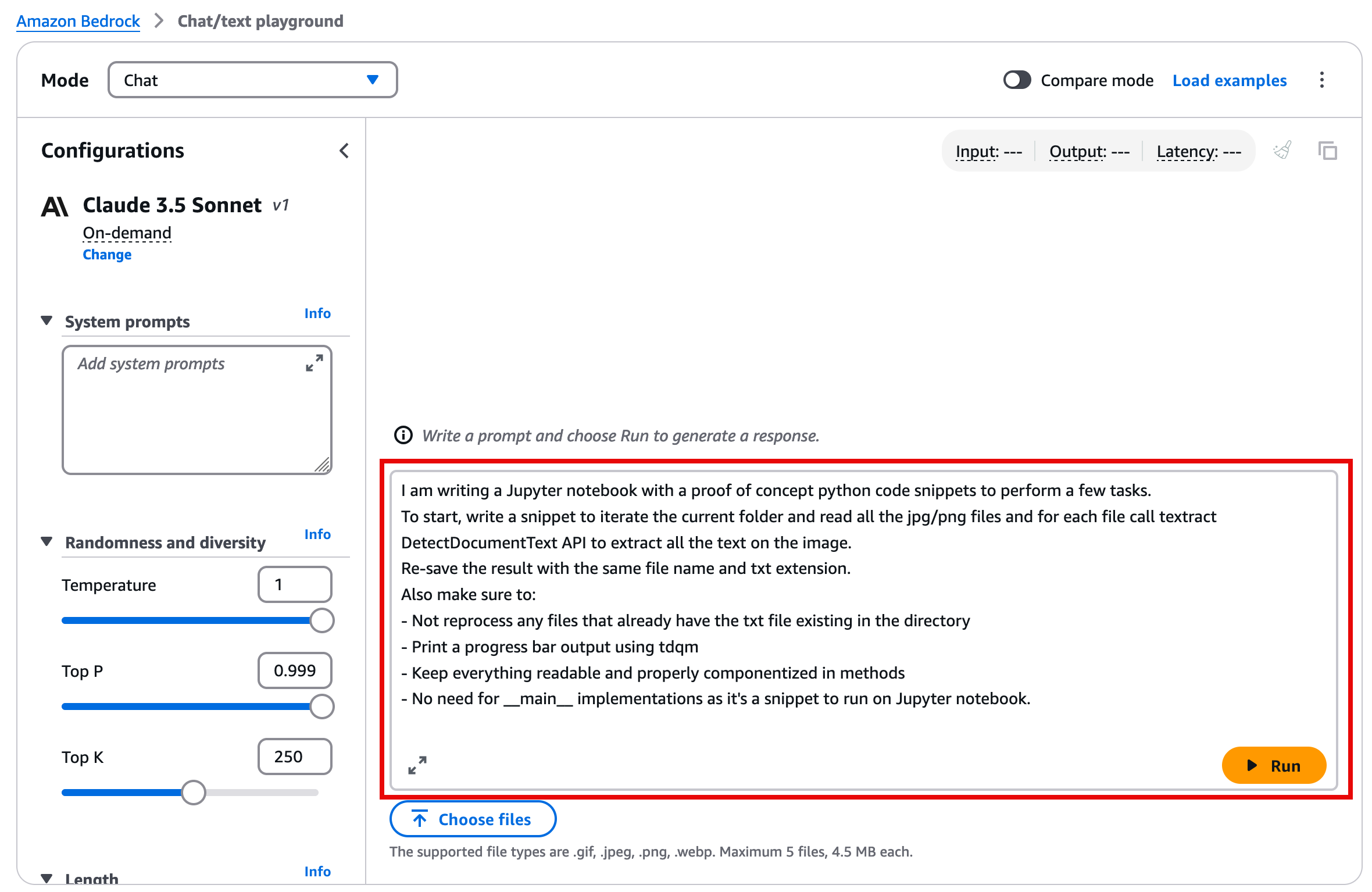 "Screenshot of Amazon Bedrock's Chat/text playground interface with a prompt about writing a Python script for text extraction using the DetectDocumentText API in a Jupyter notebook."