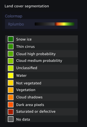 Legend and colormap for land cover segmentation produced by Amazon SageMaker, showing color categories for snow ice, thin cirrus, cloud probabilities, water, vegetation, shadows, and other land cover types.