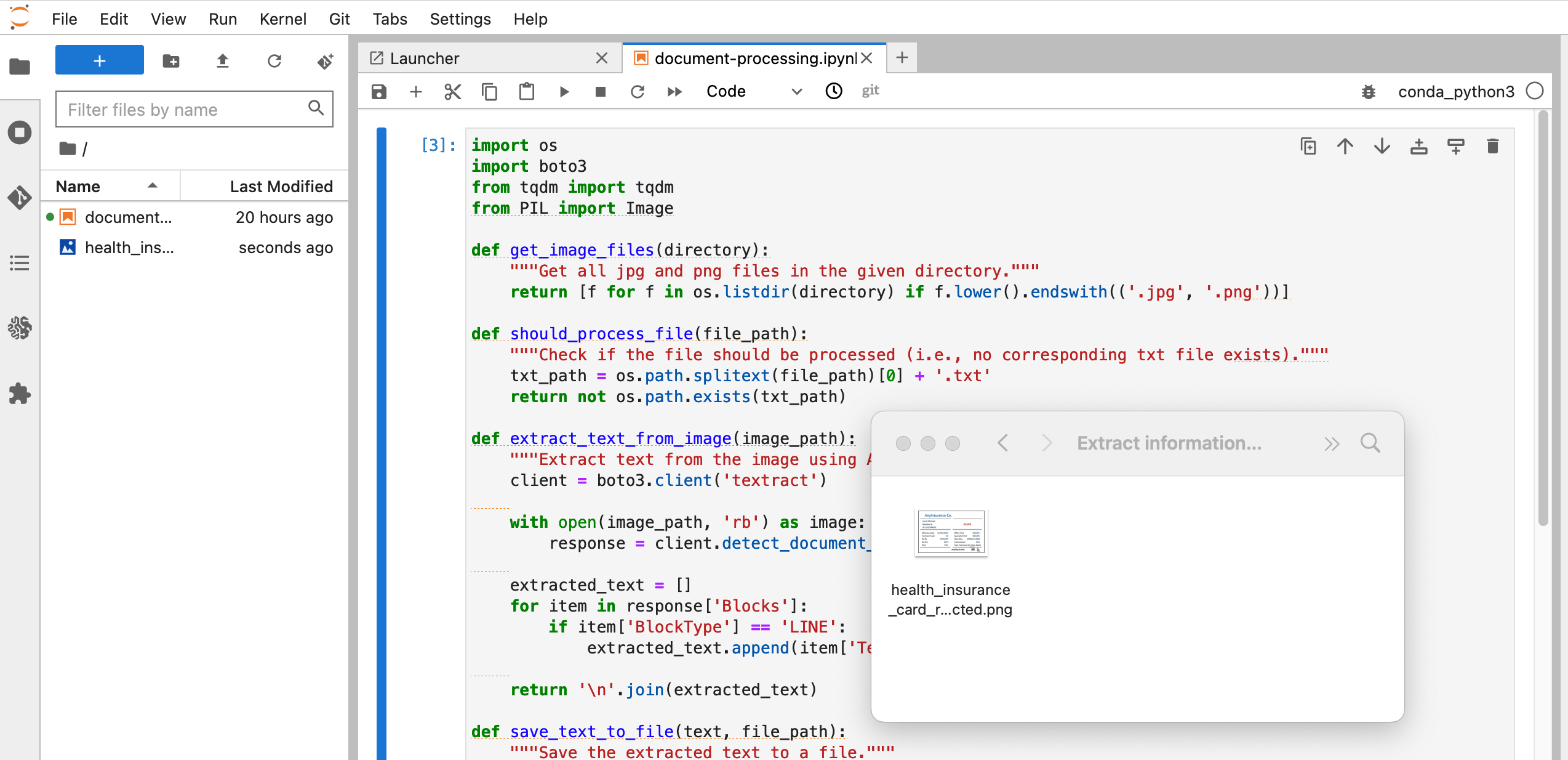 Screenshot of a Jupyter Notebook showing Python code for processing image files and extracting text using AWS Textract, alongside a file browser displaying a health insurance card image file.