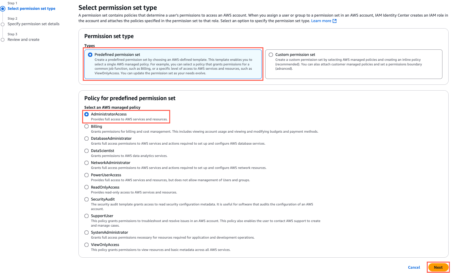 Screenshot of the AWS Identity Center interface showing the "Select permission set type" step, with "Predefined permission set" and "AdministratorAccess" policy selected, providing full access to AWS services and resources.