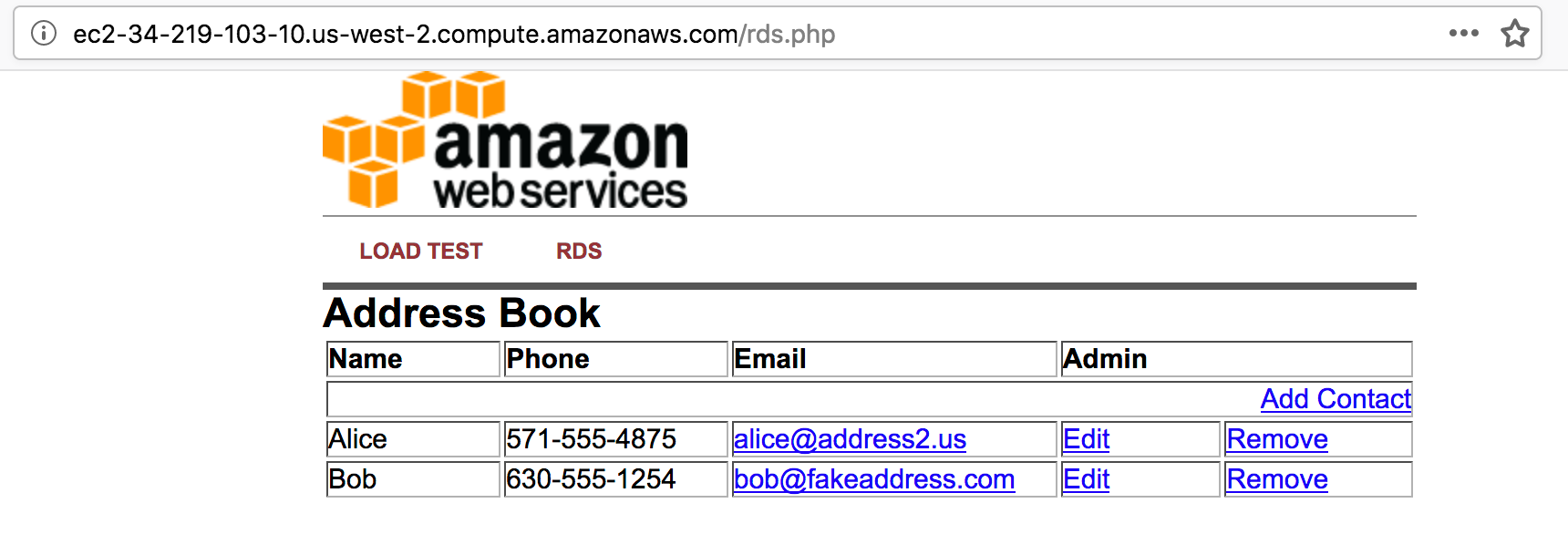 A web interface displaying an address book with entries for Alice and Bob, including their phone numbers, email addresses, and options to edit or remove each contact.