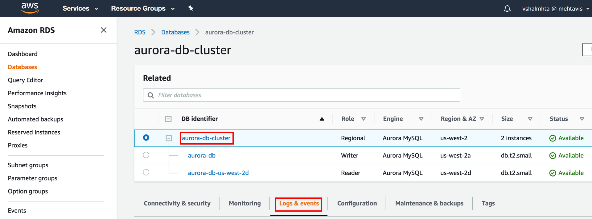 AWS RDS dashboard showing details of an Aurora MySQL database cluster with instances listed as available.