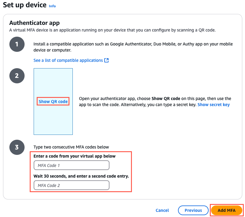 "Setup instructions for an authenticator app, including steps to install the app, scan a QR code, and enter two consecutive MFA codes, with a highlighted 'Add MFA' button."