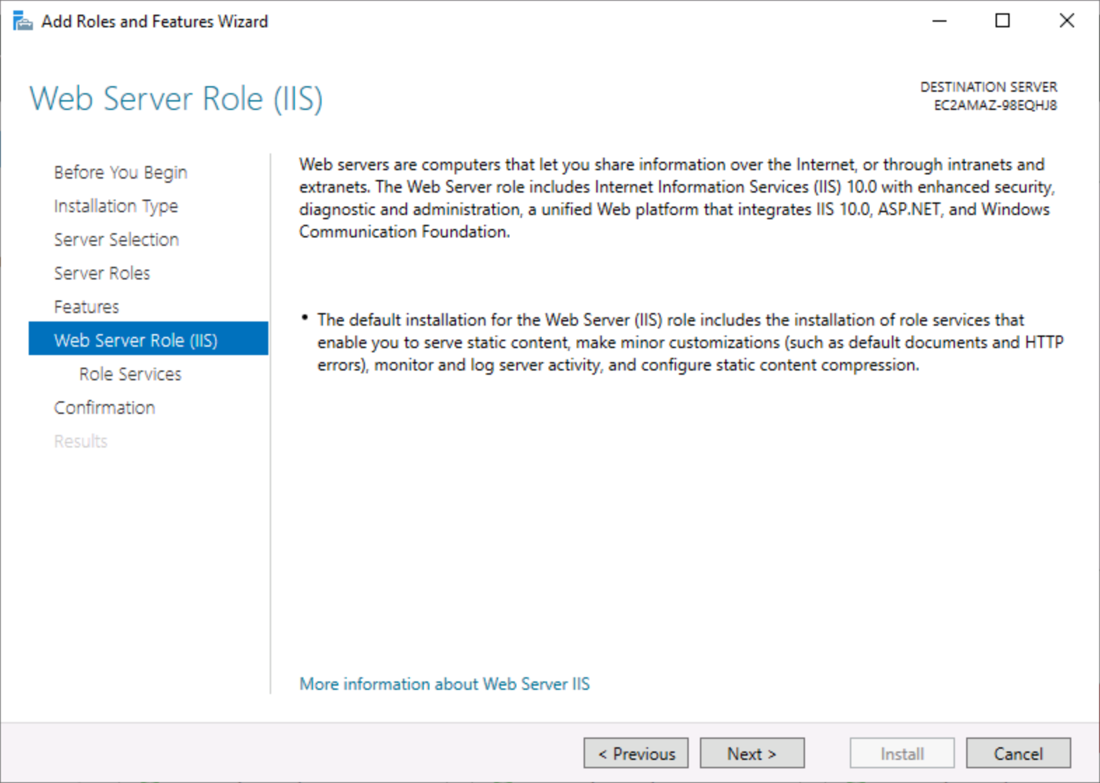 Alt-text: Screenshot of the Add Roles and Features Wizard in Windows Server, showing the Web Server Role (IIS) description and options to proceed with installation.