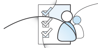 An illustration of a checklist with three checkmarks and two stylized human figures, representing AWS training and accreditation, on a light blue and white background.