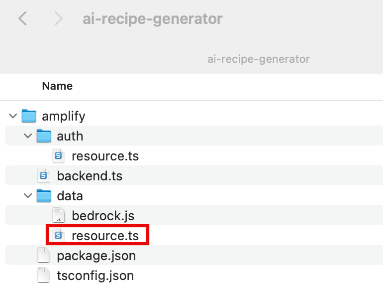 Screenshot showing the folder structure of the 'ai-recipe-generator' project, with the 'resource.ts' file highlighted in the data directory.