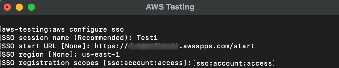 Terminal window showing AWS SSO configuration with session name "Test1," start URL partially redacted, region "us-east-1," and registration scopes.