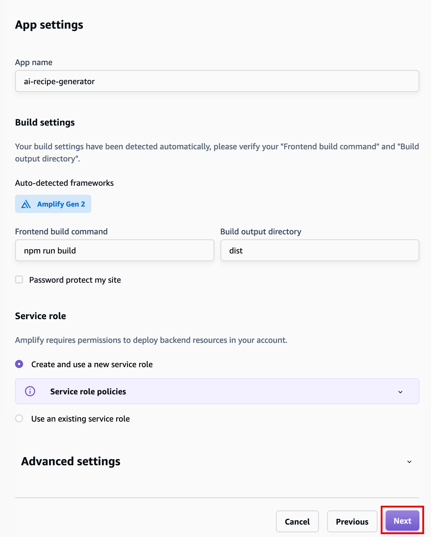 Screenshot of the AWS Amplify 'App settings' configuration page showing the setup for an application named 'ai-recipe-generator.' The screen includes sections for build settings, detected frameworks (Amplify Gen 2), frontend build command (npm run build), build output directory (dist), service role options, and navigation buttons for Previous, Cancel, and a highlighted Next button.