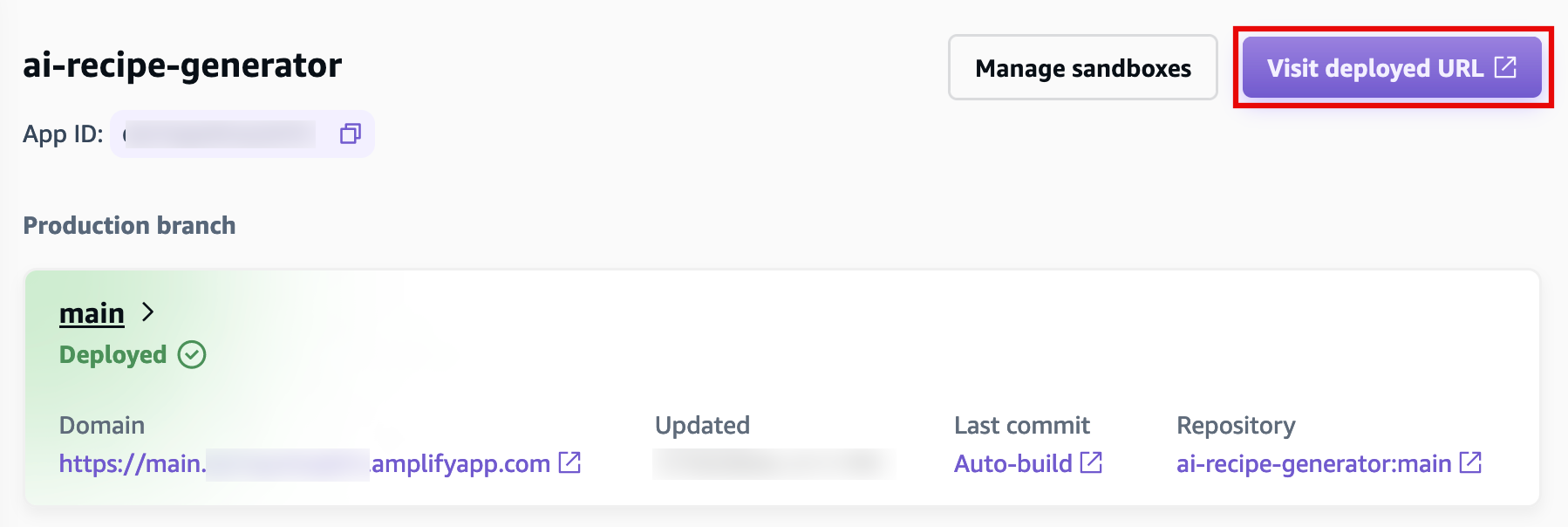 Screenshot of the AWS Amplify dashboard showing the deployed 'ai-recipe-generator' app. Highlights include the production branch labeled as 'main', its deployed status, domain URL, last updated time, last commit (auto-build), repository link, and a prominent 'Visit deployed URL' button in the top right.