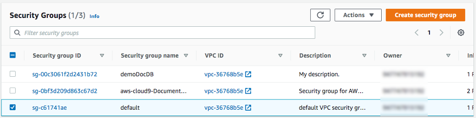 Screenshot showing the AWS Security Groups list in the AWS Cloud9 interface, displaying security groups related to an Amazon DocumentDB setup. Includes group IDs, names, VPC IDs, descriptions, and ownership details.