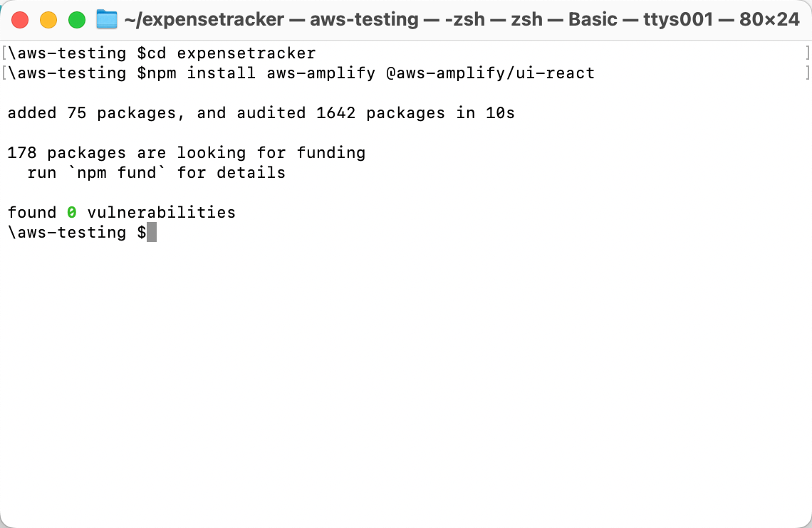 Screenshot of a terminal window showing the installation of AWS Amplify and @aws-amplify/ui-react libraries using npm as part of a tutorial for deploying a web app with AWS Amplify. The output confirms successful installation with no vulnerabilities found.