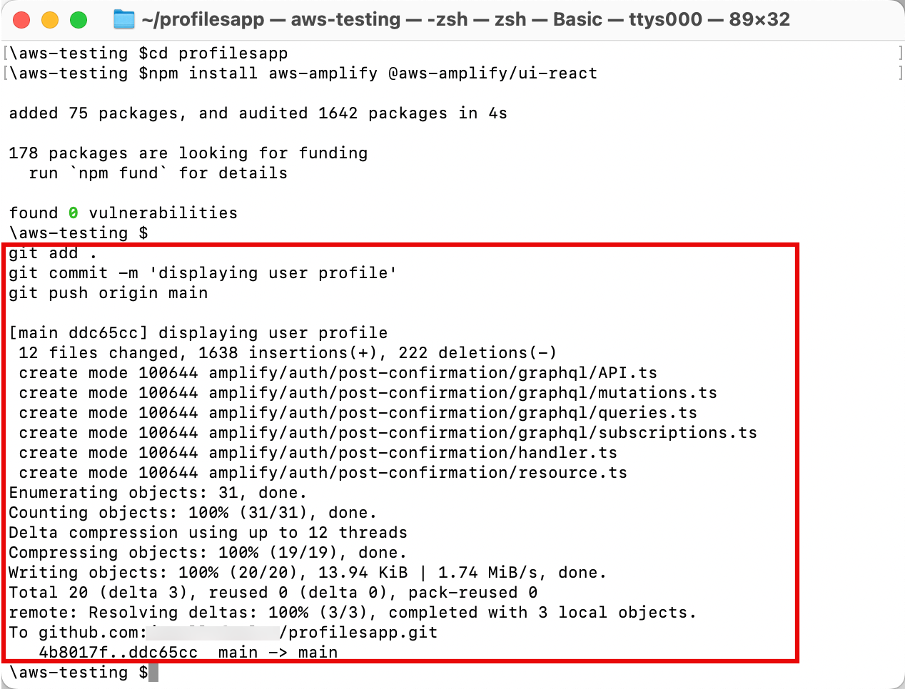 Screenshot showing terminal commands and output for adding, committing, and pushing code changes to a Git repository during AWS Amplify Module 5 tutorial for building a basic web application.
