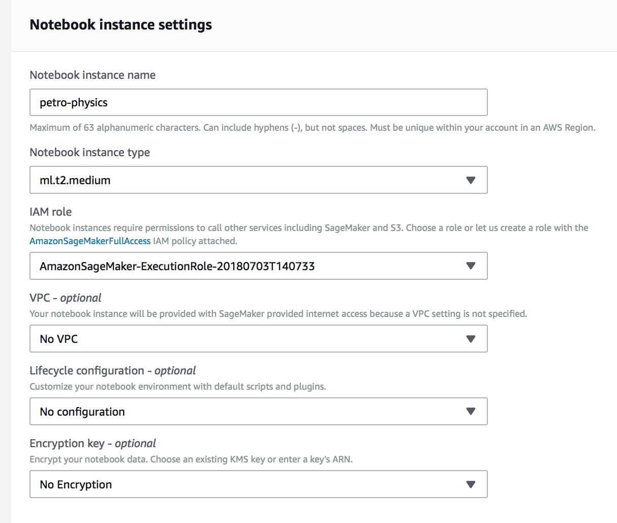 Screenshot of AWS SageMaker Notebook instance settings showing configuration for a notebook named 'petro-physics', with ml.t2.medium instance type, assigned IAM role, no VPC or encryption, and default lifecycle configuration. Used for petrophysics data analysis setup.