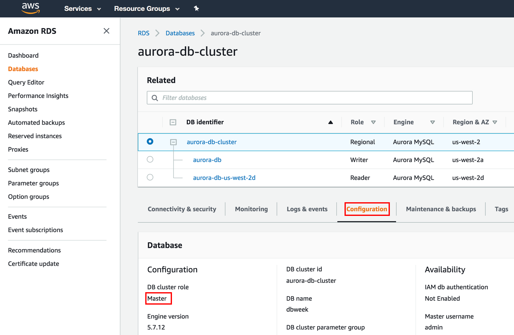 "Amazon RDS dashboard showing the configuration details of an Aurora DB cluster, with the 'Master' role highlighted under the DB cluster role."