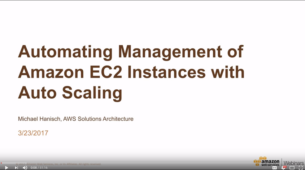 Title slide for 'Automating Management of Amazon EC2 Instances with Auto Scaling,' a webinar presented by Michael Hanisch (AWS Solutions Architecture) on March 23, 2017. The slide features the AWS logo and indicates this is part of a webinar series.