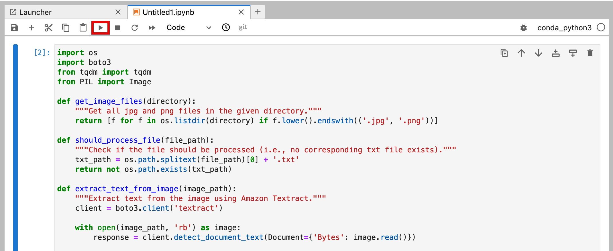 A Jupyter Notebook interface showing Python code for processing image files, including functions to list image files, check if a file should be processed, and extract text using Amazon Textract.