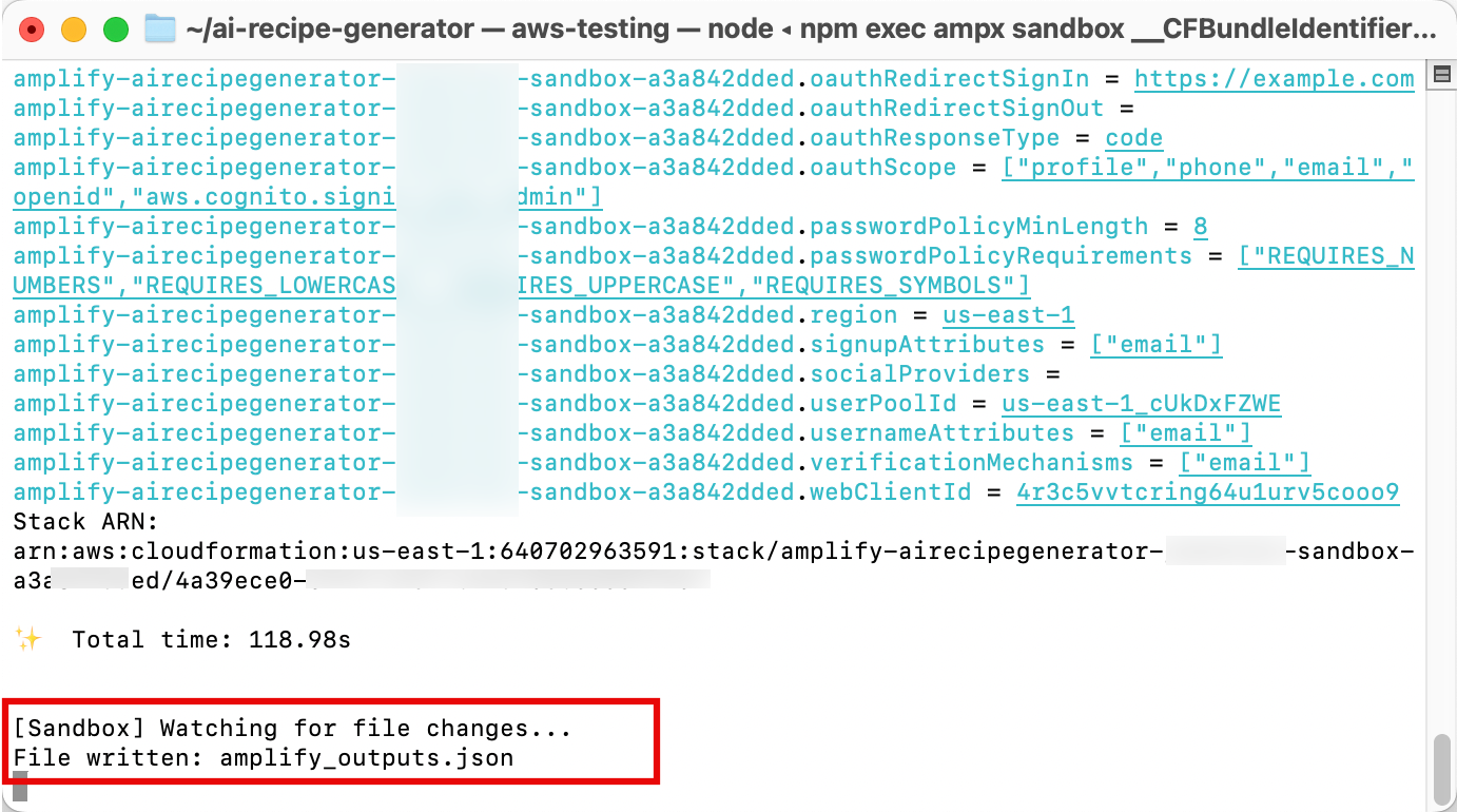 Screenshot of a terminal window showing AWS Amplify serverless app deployment output. The output includes various parameters and settings for an Amplify app, such as OAuth configuration, region, authentication requirements, and references to the written amplify_outputs.json file.