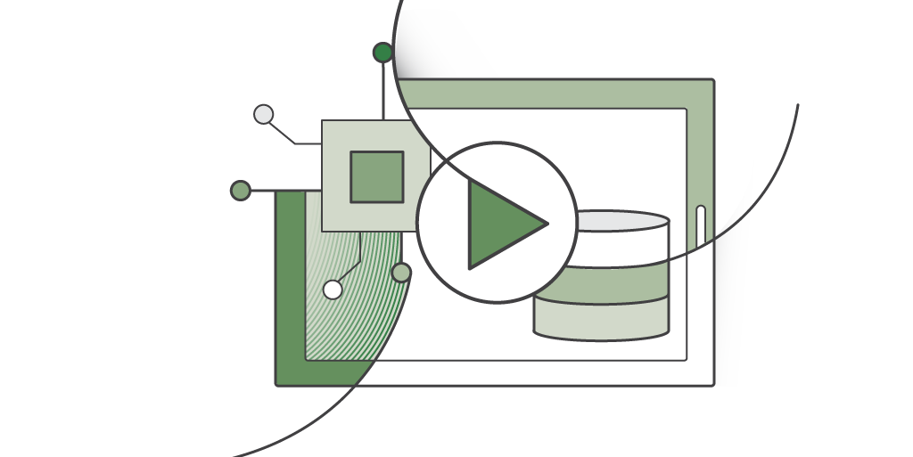 A green-themed illustration representing AWS training videos, featuring abstract shapes including a play button, computer screen, and database elements.