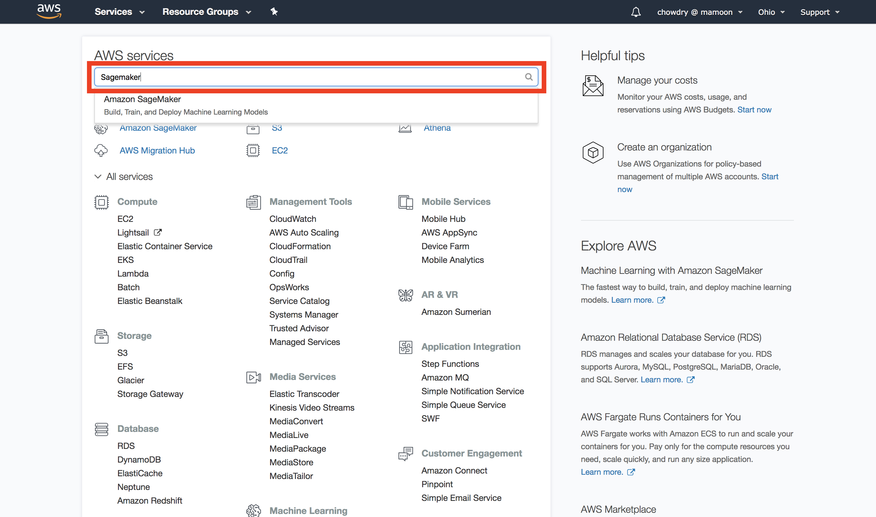 Screenshot of the AWS Management Console with the search box highlighted and 'Sagemaker' entered, showing how to find Amazon SageMaker services.