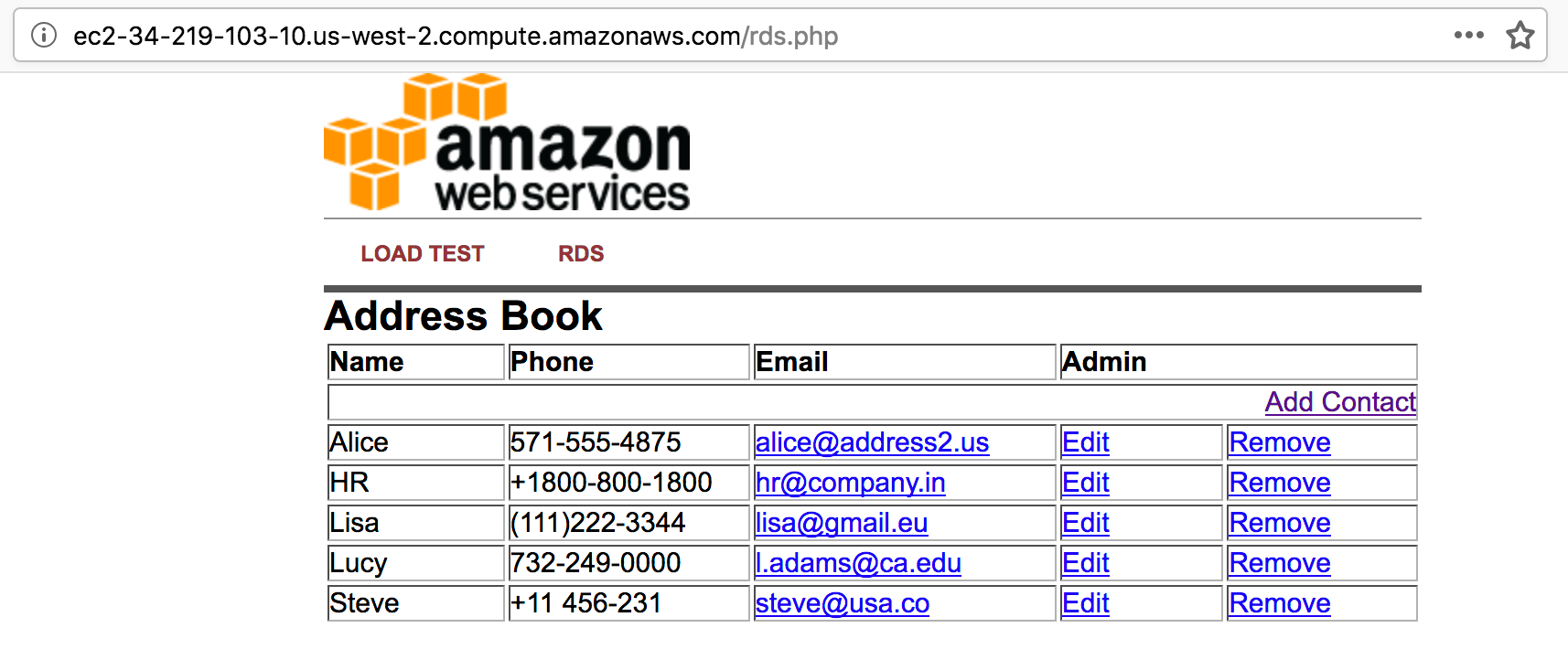 A web-based address book interface hosted on Amazon Web Services, displaying names, phone numbers, emails, and options to edit or remove contacts.