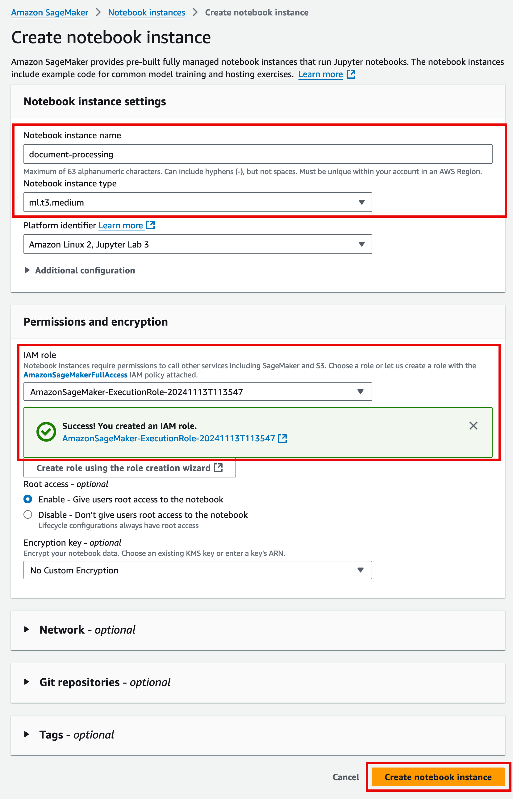 "Amazon SageMaker interface for creating a notebook instance, showing settings for instance name, type, IAM role creation success, and the 'Create notebook instance' button highlighted."