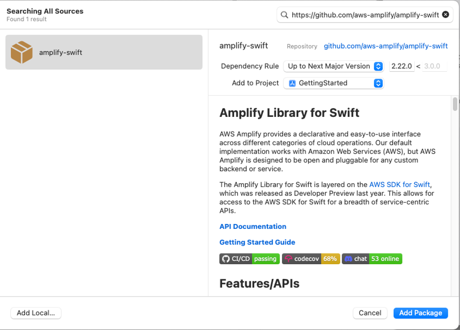Screenshot of the AWS Amplify Library for Swift documentation and setup within a 'Getting Started' tutorial for building an iOS app, showing amplify-swift package details and introductory information.