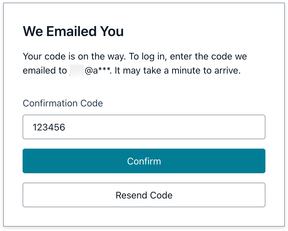 Screenshot of a web interface prompting users to enter a confirmation code sent via email to complete login. The interface includes a field to input the code, a 'Confirm' button, and a 'Resend Code' option.
