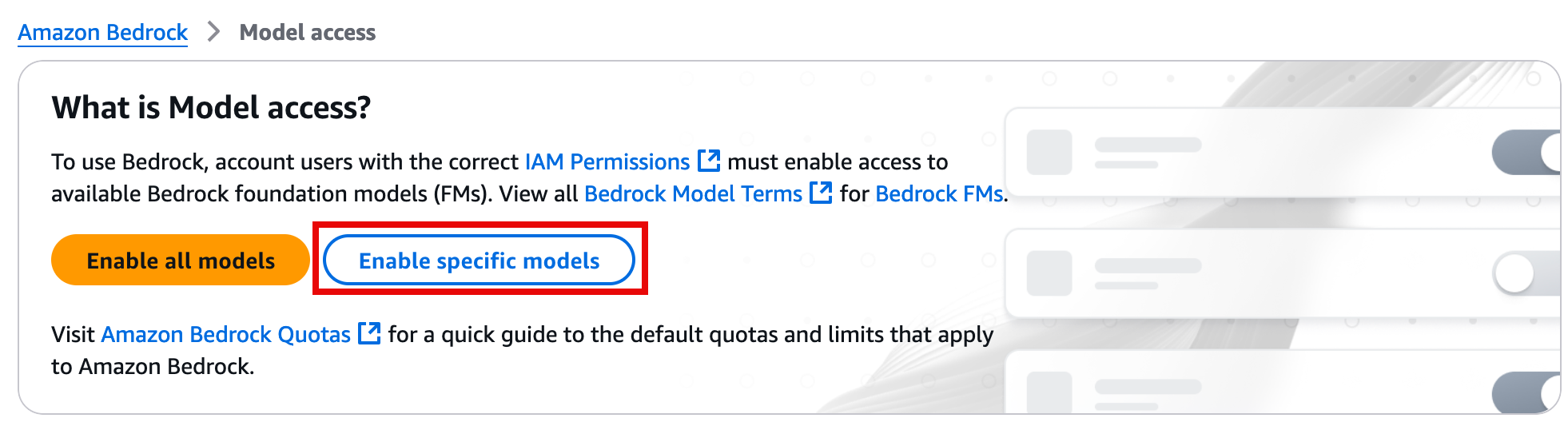 "Amazon Bedrock model access page with options to enable all models or enable specific models, and links to IAM permissions and quotas."