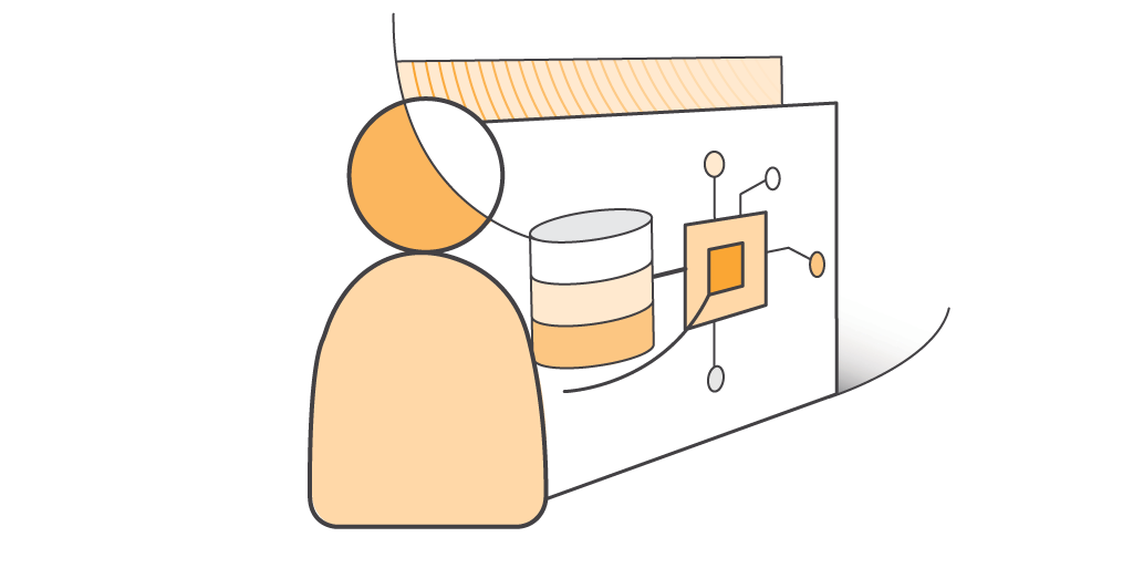 Illustration showing a stylized person in front of a database diagram, using orange and black AWS branding, representing database or data architecture training.