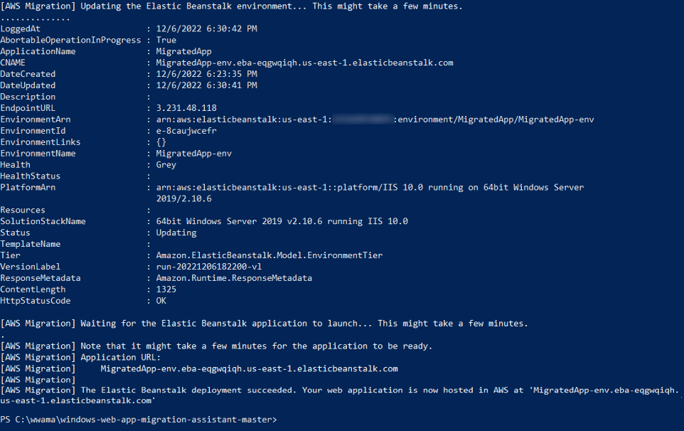 Screenshot of a command-line interface displaying the process of updating and verifying migration completion for an ASP.NET web application to AWS Elastic Beanstalk. The output includes deployment details, environment status, URLs, and confirmation of successful application launch on the AWS Elastic Beanstalk platform.