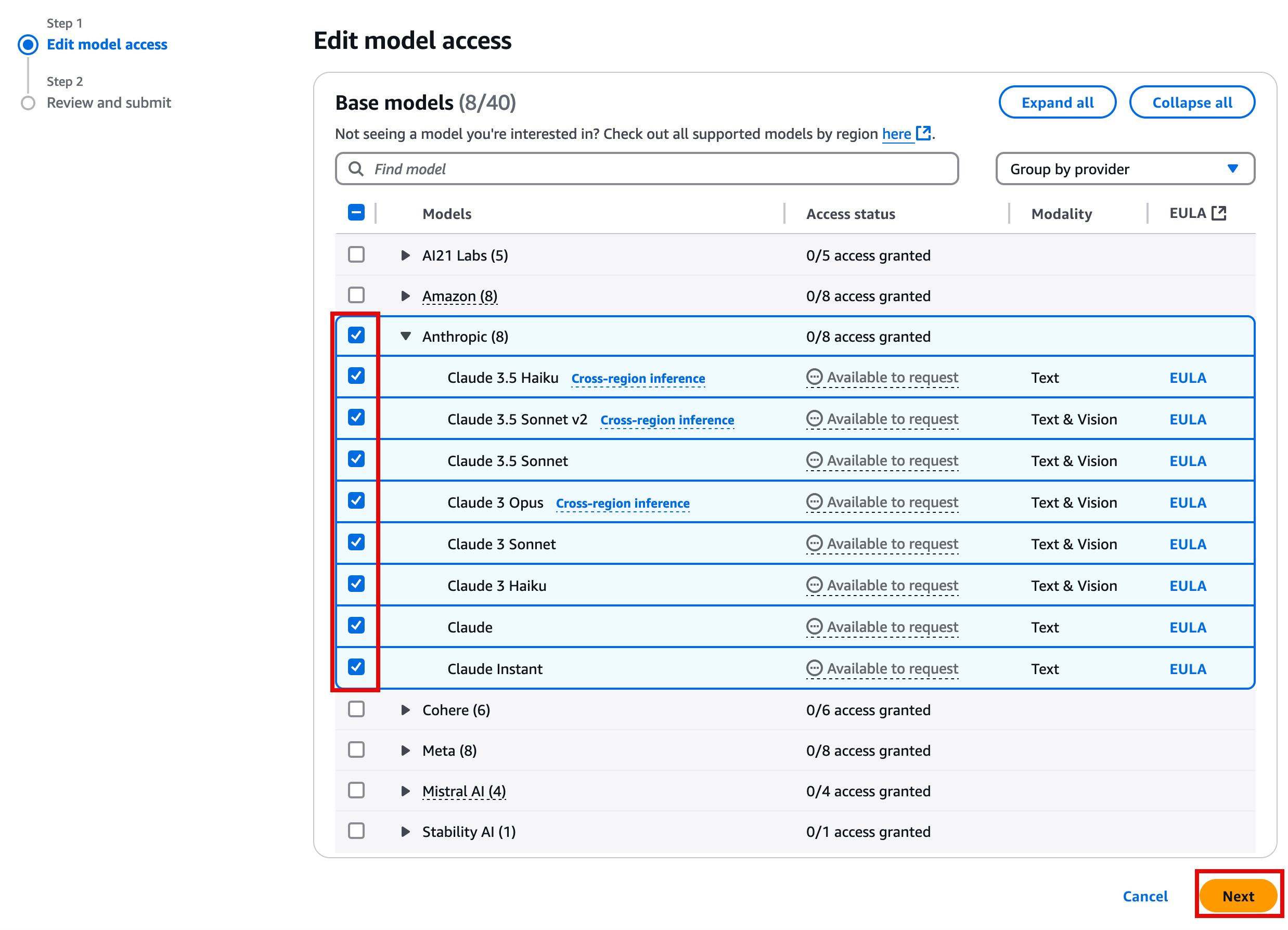 A user interface for editing model access, showing a list of AI models grouped by provider, with all models under "Anthropic" selected and the "Next" button highlighted.