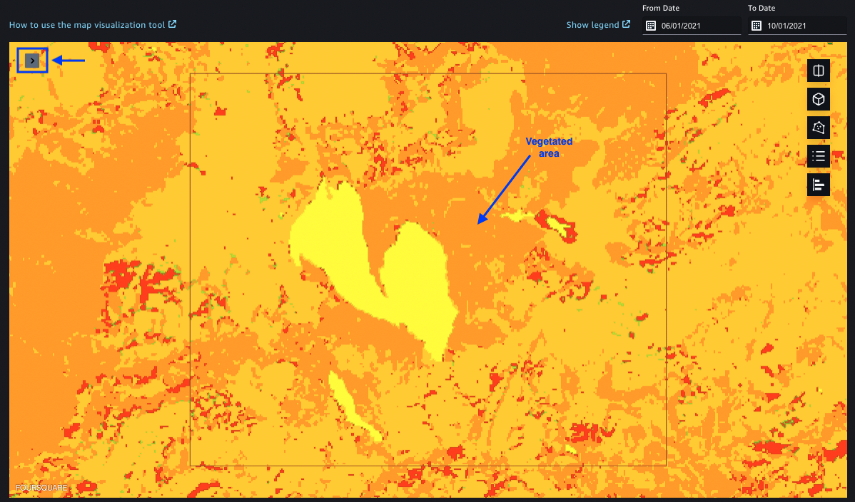 Screenshot of an AWS SageMaker map visualization tool tutorial highlighting a vegetated area. The map uses color shading to represent geographic data, with an arrow and label indicating a vegetated region. UI elements and controls for navigating the map are visible on the interface.