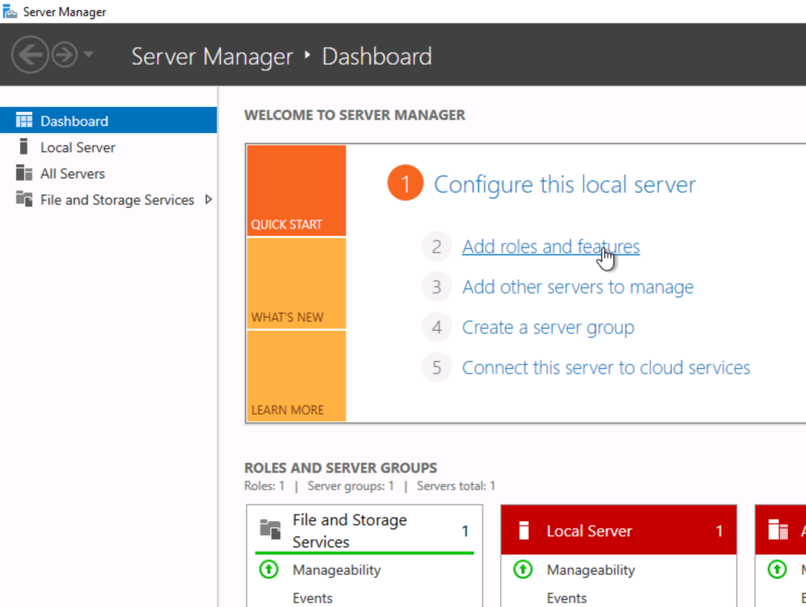 "Server Manager dashboard interface showing options to configure a local server, add roles and features, and manage server groups."