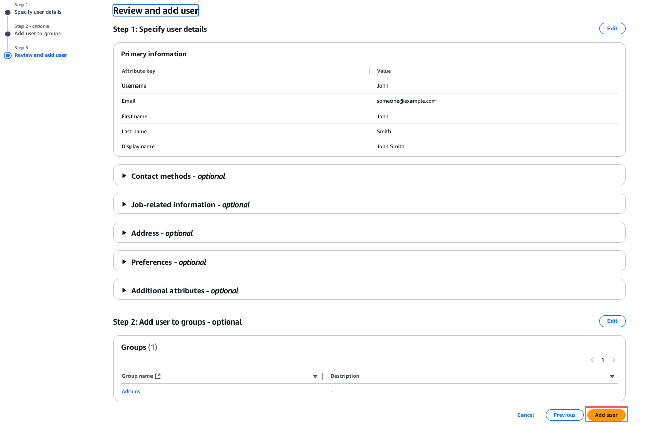 A user interface screen for reviewing and adding a user, showing primary information fields filled with example data, optional expandable sections, and a group assignment to "Admins."
