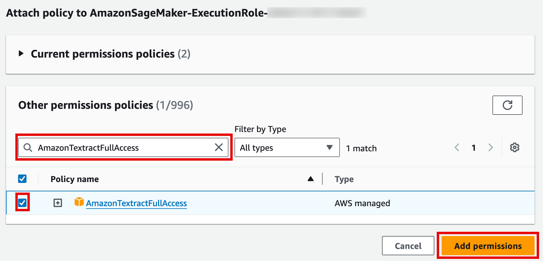 Screenshot of AWS console showing the attachment of the "AmazonTextractFullAccess" policy to an Amazon SageMaker execution role, with the policy selected and the "Add permissions" button highlighted.