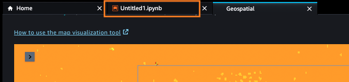 Screenshot of the Amazon SageMaker geospatial map visualization tool showing an open Jupyter notebook (Untitled1.ipynb) with map data and navigation tabs visible at the top.