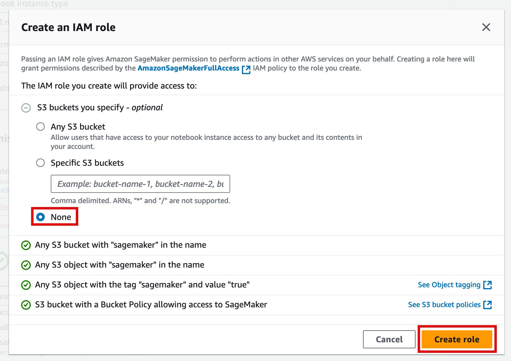 Alt-text: "AWS IAM role creation screen with S3 bucket access options, 'None' selected, and 'Create role' button highlighted."