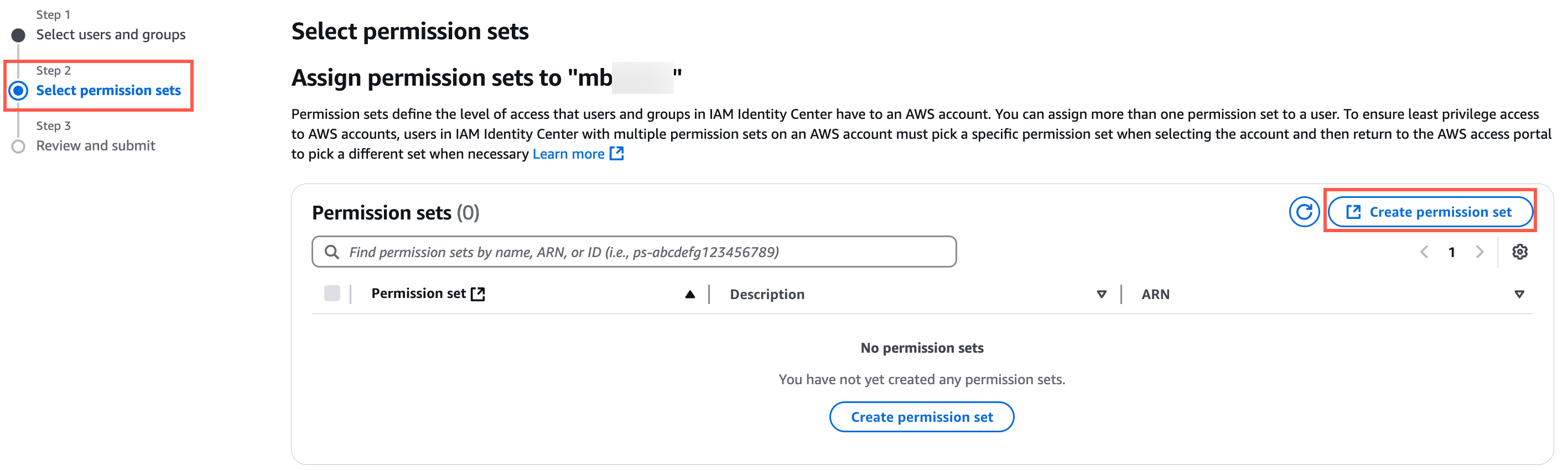 "Step 2 of AWS IAM Identity Center setup showing 'Select permission sets' with no permission sets created and a highlighted 'Create permission set' button."