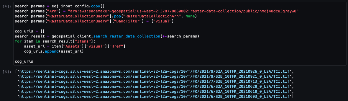 Screenshot of a Python code example demonstrating how to search a raster data collection using Amazon SageMaker Geospatial capabilities, displaying code that filters by band and collects asset URLs, along with a sample list of resulting URLs.