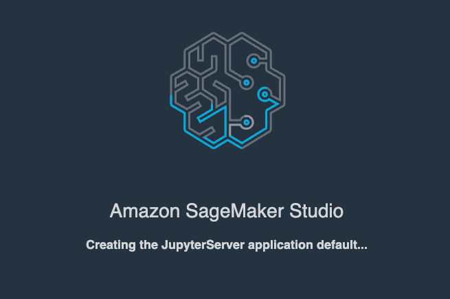 Screenshot showing the Amazon SageMaker Studio interface with the message 'Creating the JupyterServer application default...' displayed below the SageMaker Studio logo.